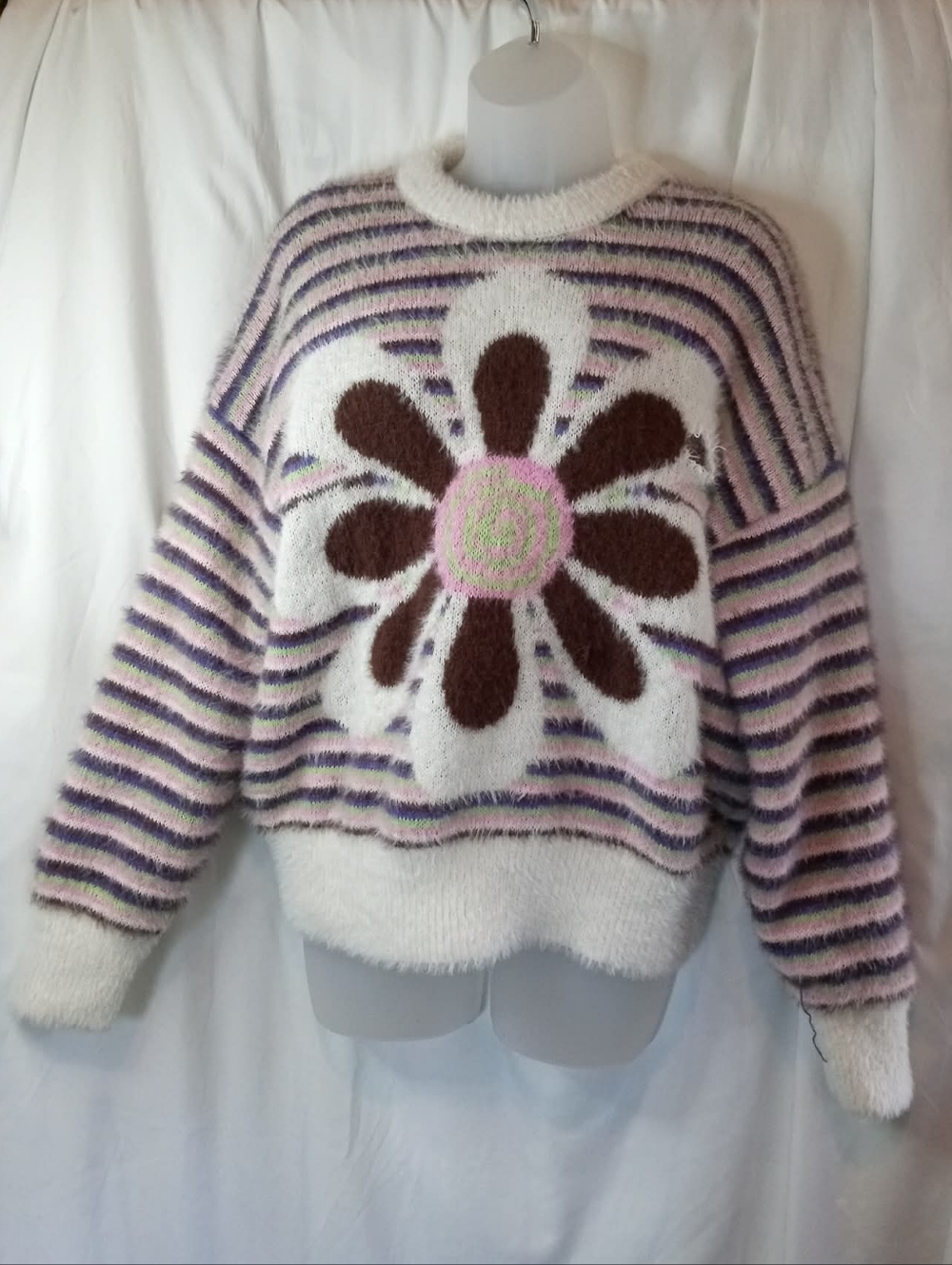 Forever 21 Cream Fuzzy Daisy Sweater with Pink Brown Purple Stripes Y2K 90s Soft